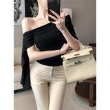 French Babes Ribbon Slanted Shoulders Short-Sleeved T-Shirts In The Summer New Design Sense Of Irregular Thin Temperament Top