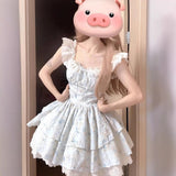 French First Love Sweet Little Flying Sleeves Broken Floral Dress Women Summer Waists Show Skinny Little Princess Puff Short Skirt