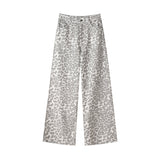 2026 Spring Dress New Casual Pants Wide Leg Trousers Leopard Straight Trousers Women's Jeans Light Gray Leopard Trousers