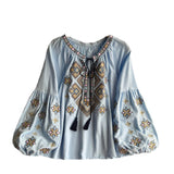 Bohemian Heavy Industry Embroidered Tuxedo Women's Spring Long Sleeves Loose Meat Cover Lantern Sleeve Holiday Blouse
