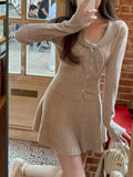 You/ Can Luli Rabbit Ears V-Neck Small Sweater + Fine Folded Skirt Sweet Girl Autumn And Winter Suit Fashion Temperament