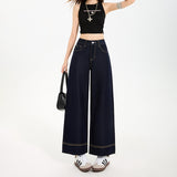 Anti-Wrinkle Fall Loose Broad Legs Do Not Fade Four-Sided Marble Trousers High-Waisted Beads Embroidered Denim Granny Nine