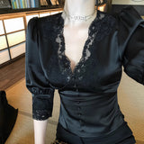 Korean Atmosphere Imitation Acetate Lace Side Bubble Sleeve To Close The Waist V Collar Top