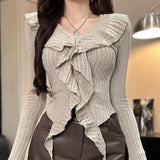 Large-Size Vintage Casual Babes Long-Sleeved T-Shirt Women Autumn Irregular Lotus-Side Bottom Shirt Fat MM Thin Top