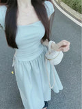 Blue Square Tie Dress Women's Summer 2025 New Splicing Skirt High-End Waist Display Thin Dress